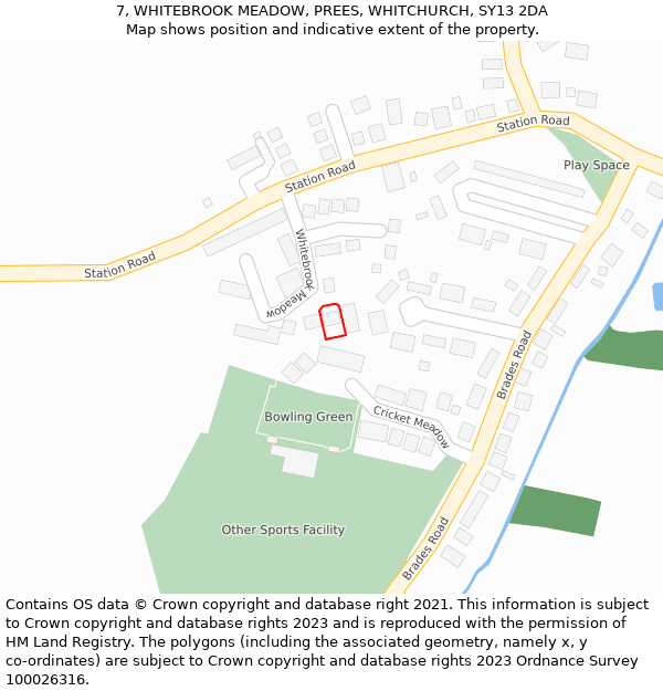 7, WHITEBROOK MEADOW, PREES, WHITCHURCH, SY13 2DA: Location map and indicative extent of plot