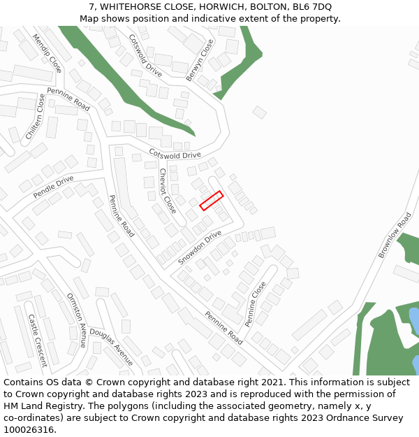 7, WHITEHORSE CLOSE, HORWICH, BOLTON, BL6 7DQ: Location map and indicative extent of plot