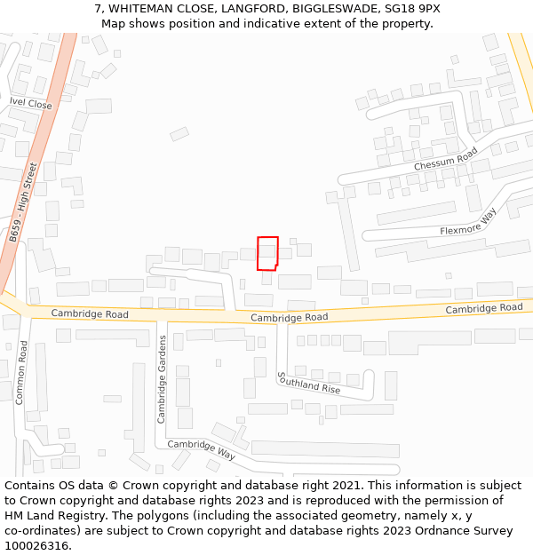 7, WHITEMAN CLOSE, LANGFORD, BIGGLESWADE, SG18 9PX: Location map and indicative extent of plot