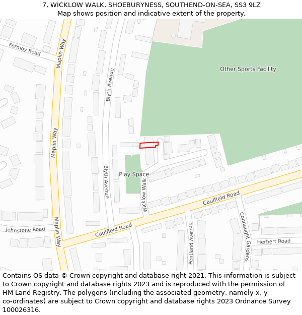 7, WICKLOW WALK, SHOEBURYNESS, SOUTHEND-ON-SEA, SS3 9LZ: Location map and indicative extent of plot