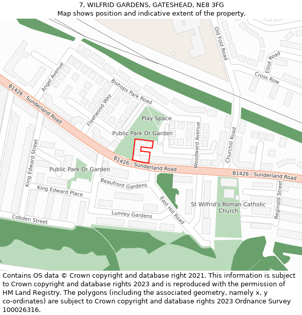 7, WILFRID GARDENS, GATESHEAD, NE8 3FG: Location map and indicative extent of plot