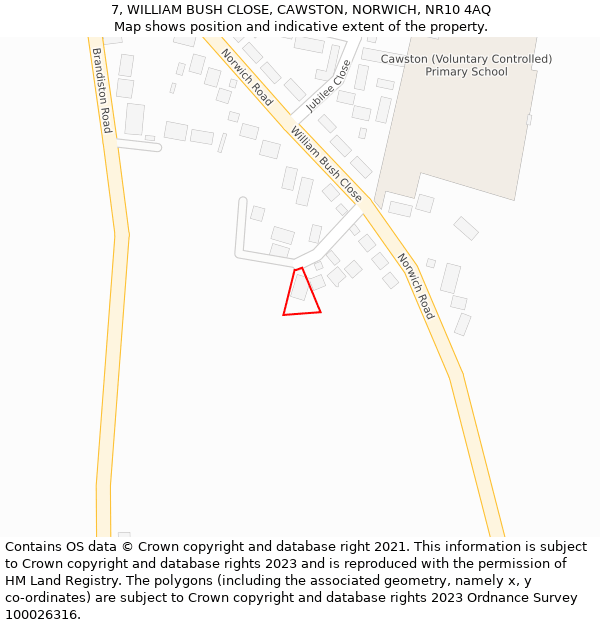 7, WILLIAM BUSH CLOSE, CAWSTON, NORWICH, NR10 4AQ: Location map and indicative extent of plot