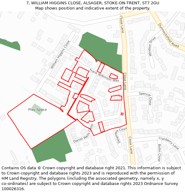 7, WILLIAM HIGGINS CLOSE, ALSAGER, STOKE-ON-TRENT, ST7 2GU: Location map and indicative extent of plot