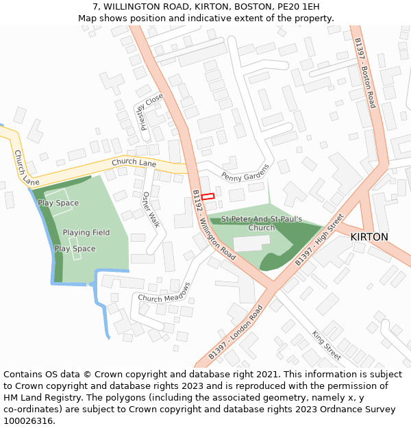 7, WILLINGTON ROAD, KIRTON, BOSTON, PE20 1EH: Location map and indicative extent of plot