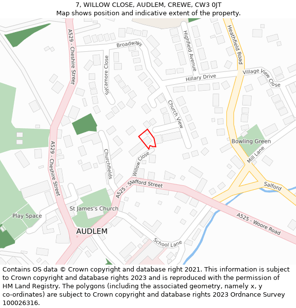 7, WILLOW CLOSE, AUDLEM, CREWE, CW3 0JT: Location map and indicative extent of plot