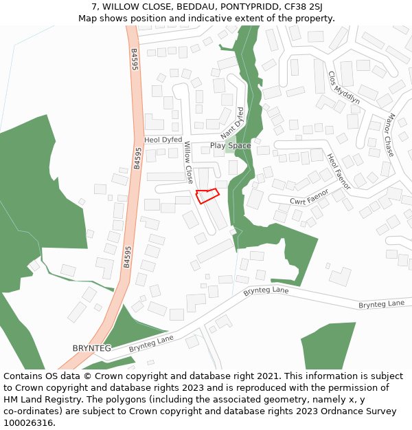 7, WILLOW CLOSE, BEDDAU, PONTYPRIDD, CF38 2SJ: Location map and indicative extent of plot