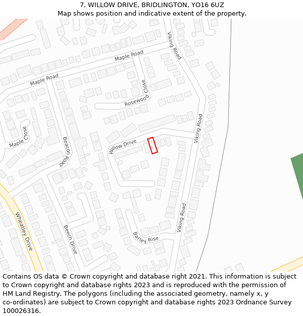 7, WILLOW DRIVE, BRIDLINGTON, YO16 6UZ: Location map and indicative extent of plot