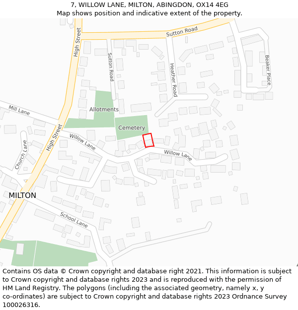 7, WILLOW LANE, MILTON, ABINGDON, OX14 4EG: Location map and indicative extent of plot