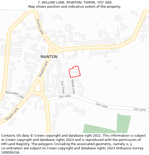 7, WILLOW LANE, RAINTON, THIRSK, YO7 3QG: Location map and indicative extent of plot