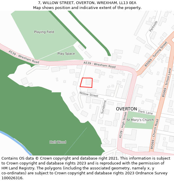 7, WILLOW STREET, OVERTON, WREXHAM, LL13 0EA: Location map and indicative extent of plot