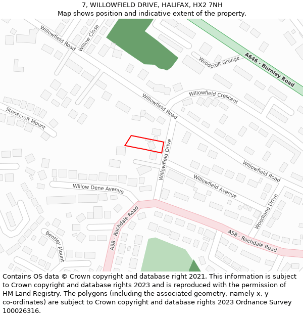 7, WILLOWFIELD DRIVE, HALIFAX, HX2 7NH: Location map and indicative extent of plot