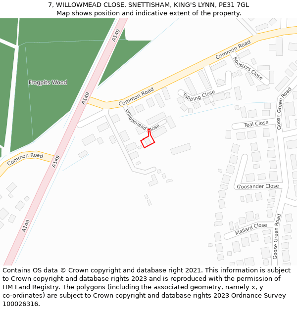 7, WILLOWMEAD CLOSE, SNETTISHAM, KING'S LYNN, PE31 7GL: Location map and indicative extent of plot