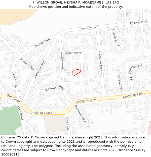 7, WILSON GROVE, HEYSHAM, MORECAMBE, LA3 2PQ: Location map and indicative extent of plot