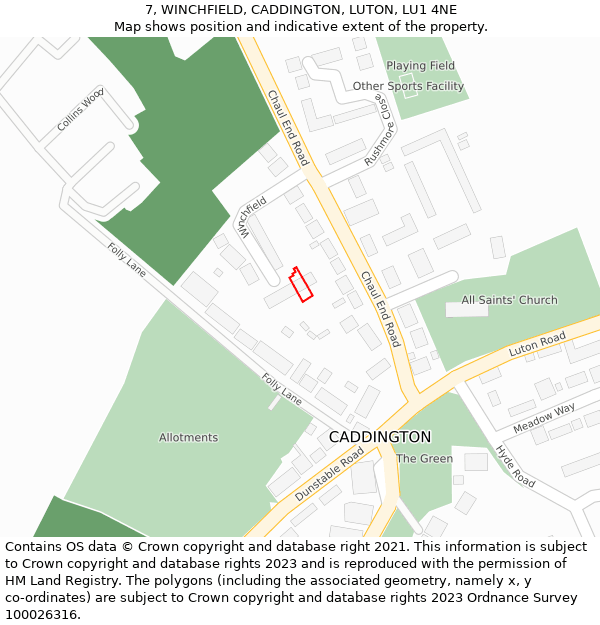 7, WINCHFIELD, CADDINGTON, LUTON, LU1 4NE: Location map and indicative extent of plot
