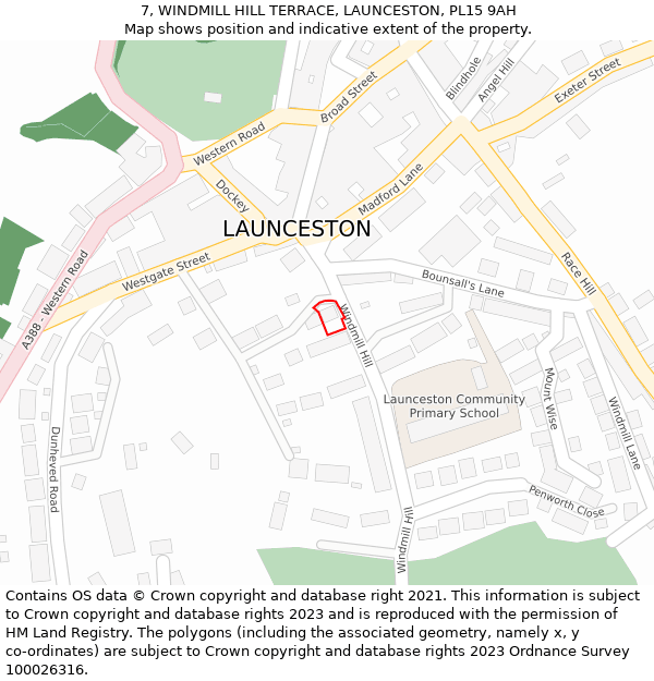 7, WINDMILL HILL TERRACE, LAUNCESTON, PL15 9AH: Location map and indicative extent of plot