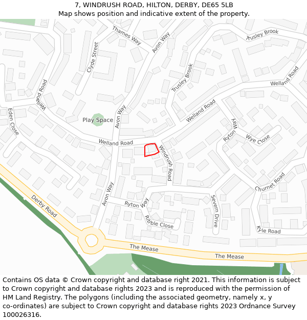 7, WINDRUSH ROAD, HILTON, DERBY, DE65 5LB: Location map and indicative extent of plot