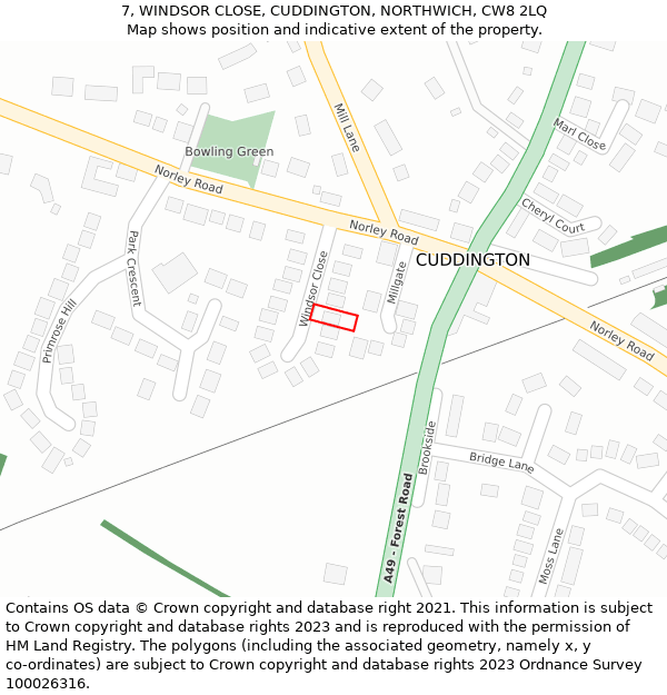 7, WINDSOR CLOSE, CUDDINGTON, NORTHWICH, CW8 2LQ: Location map and indicative extent of plot