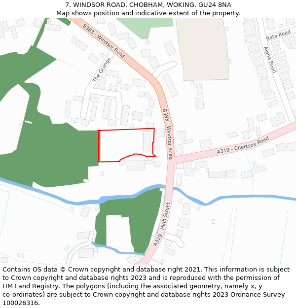 7, WINDSOR ROAD, CHOBHAM, WOKING, GU24 8NA: Location map and indicative extent of plot