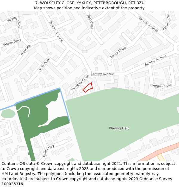 7, WOLSELEY CLOSE, YAXLEY, PETERBOROUGH, PE7 3ZU: Location map and indicative extent of plot