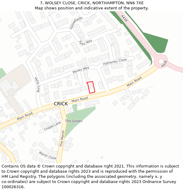 7, WOLSEY CLOSE, CRICK, NORTHAMPTON, NN6 7XE: Location map and indicative extent of plot