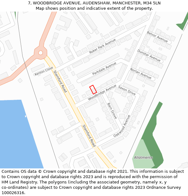 7, WOODBRIDGE AVENUE, AUDENSHAW, MANCHESTER, M34 5LN: Location map and indicative extent of plot