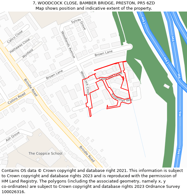 7, WOODCOCK CLOSE, BAMBER BRIDGE, PRESTON, PR5 6ZD: Location map and indicative extent of plot