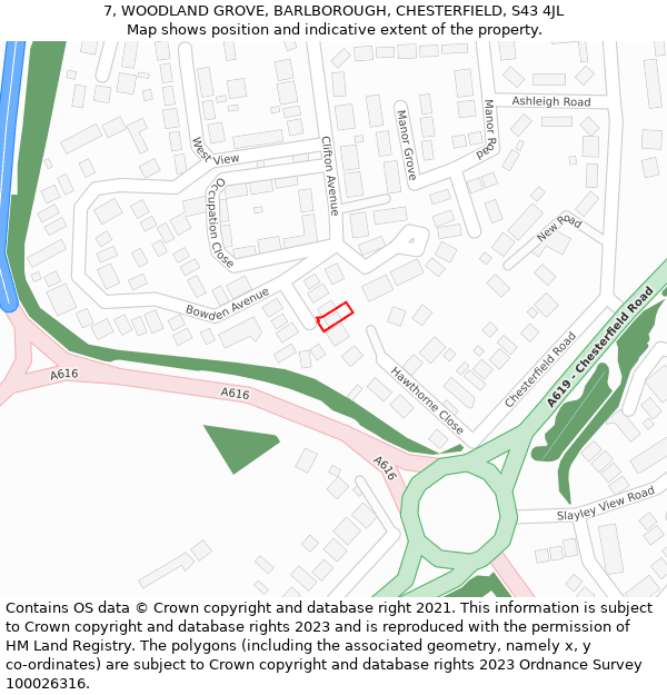 7, WOODLAND GROVE, BARLBOROUGH, CHESTERFIELD, S43 4JL: Location map and indicative extent of plot