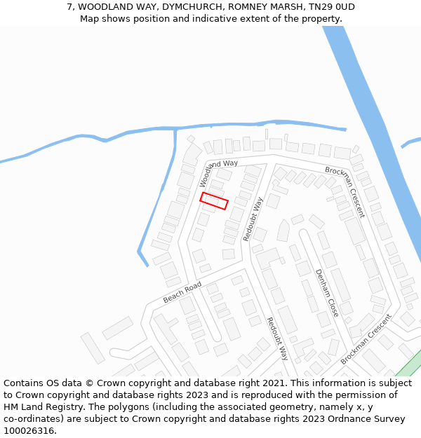 7, WOODLAND WAY, DYMCHURCH, ROMNEY MARSH, TN29 0UD: Location map and indicative extent of plot