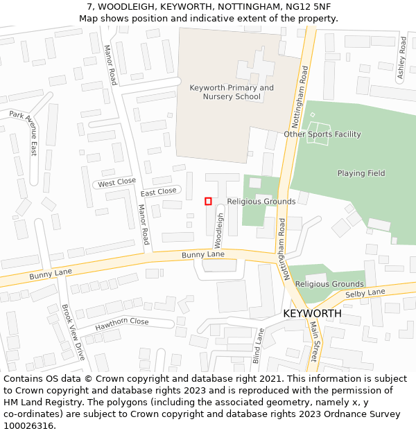 7, WOODLEIGH, KEYWORTH, NOTTINGHAM, NG12 5NF: Location map and indicative extent of plot