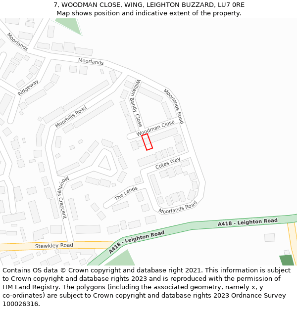 7, WOODMAN CLOSE, WING, LEIGHTON BUZZARD, LU7 0RE: Location map and indicative extent of plot