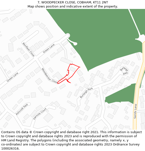 7, WOODPECKER CLOSE, COBHAM, KT11 2NT: Location map and indicative extent of plot