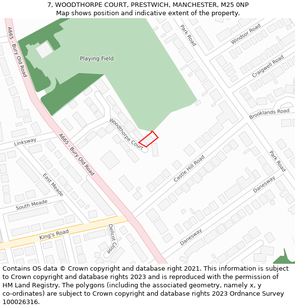 7, WOODTHORPE COURT, PRESTWICH, MANCHESTER, M25 0NP: Location map and indicative extent of plot
