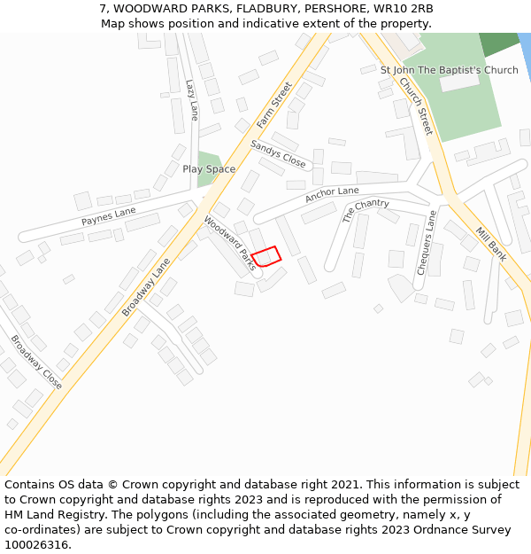 7, WOODWARD PARKS, FLADBURY, PERSHORE, WR10 2RB: Location map and indicative extent of plot