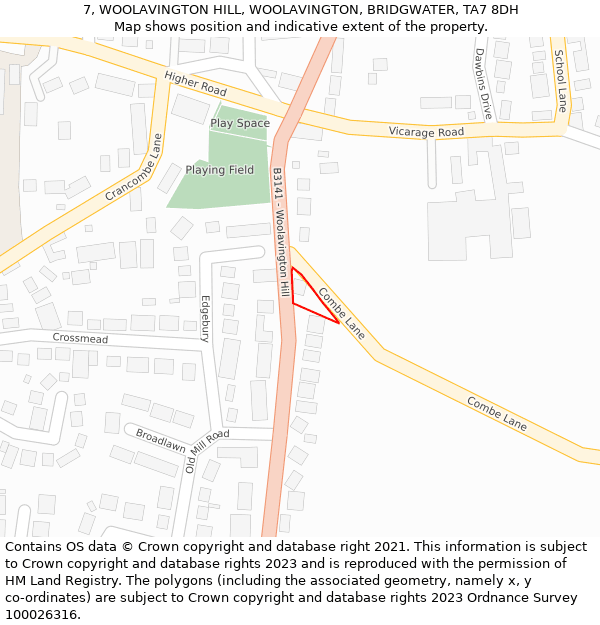 7, WOOLAVINGTON HILL, WOOLAVINGTON, BRIDGWATER, TA7 8DH: Location map and indicative extent of plot