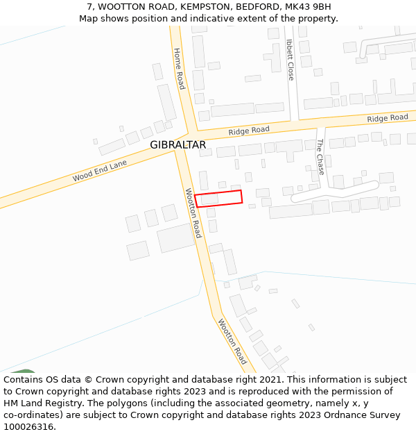 7, WOOTTON ROAD, KEMPSTON, BEDFORD, MK43 9BH: Location map and indicative extent of plot