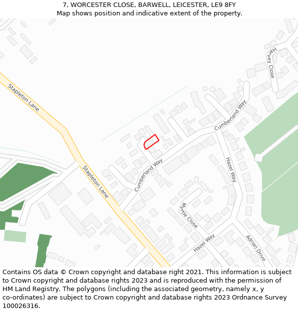 7, WORCESTER CLOSE, BARWELL, LEICESTER, LE9 8FY: Location map and indicative extent of plot