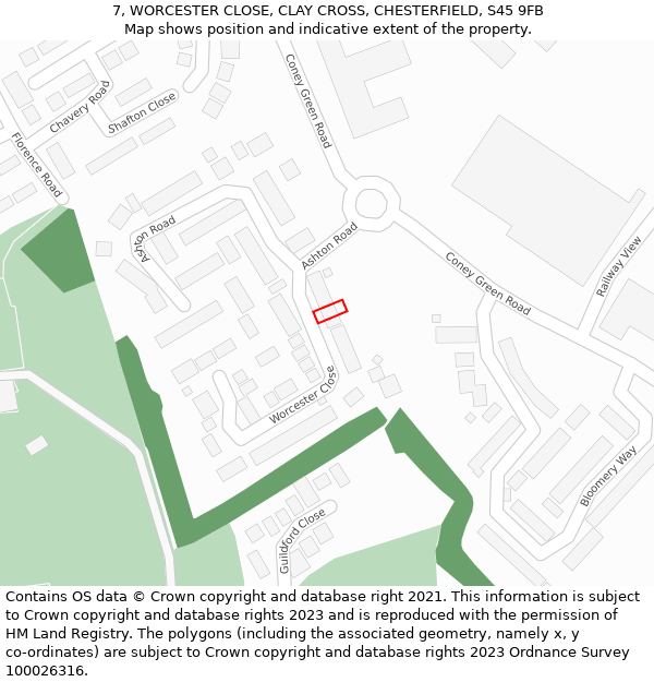 7, WORCESTER CLOSE, CLAY CROSS, CHESTERFIELD, S45 9FB: Location map and indicative extent of plot