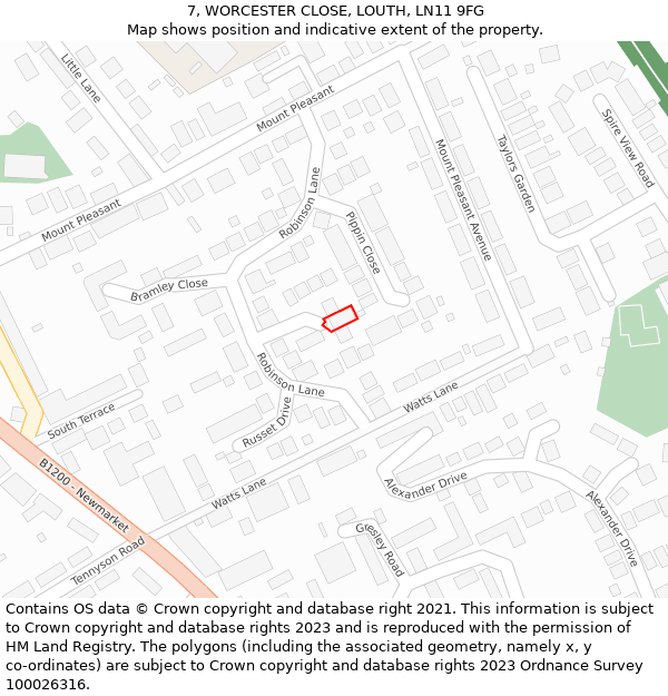 7, WORCESTER CLOSE, LOUTH, LN11 9FG: Location map and indicative extent of plot