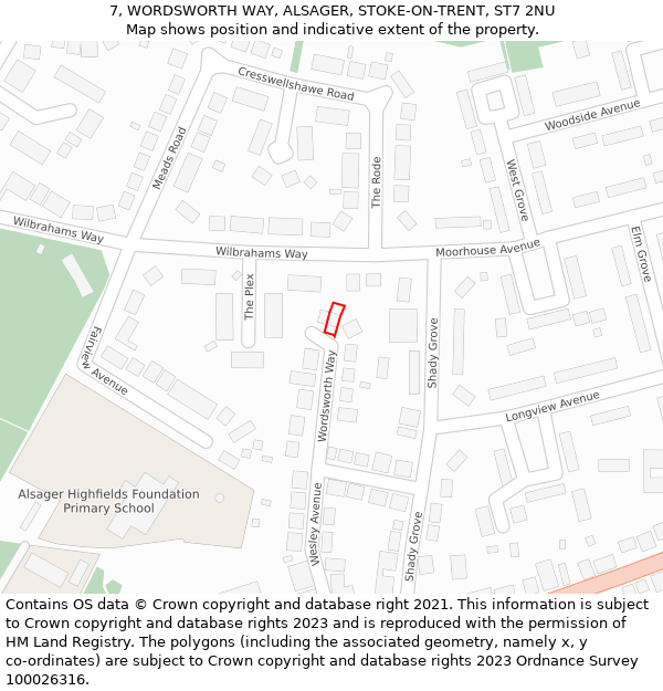 7, WORDSWORTH WAY, ALSAGER, STOKE-ON-TRENT, ST7 2NU: Location map and indicative extent of plot