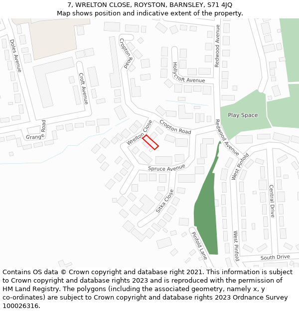 7, WRELTON CLOSE, ROYSTON, BARNSLEY, S71 4JQ: Location map and indicative extent of plot