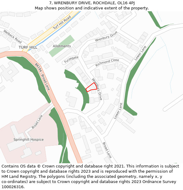 7, WRENBURY DRIVE, ROCHDALE, OL16 4PJ: Location map and indicative extent of plot