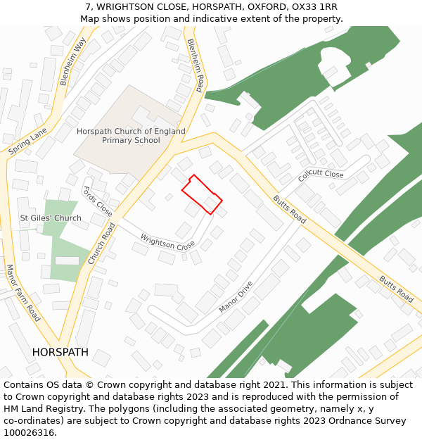 7, WRIGHTSON CLOSE, HORSPATH, OXFORD, OX33 1RR: Location map and indicative extent of plot