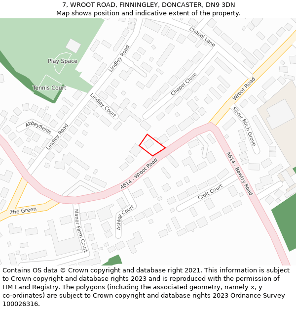 7, WROOT ROAD, FINNINGLEY, DONCASTER, DN9 3DN: Location map and indicative extent of plot