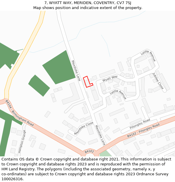 7, WYATT WAY, MERIDEN, COVENTRY, CV7 7SJ: Location map and indicative extent of plot