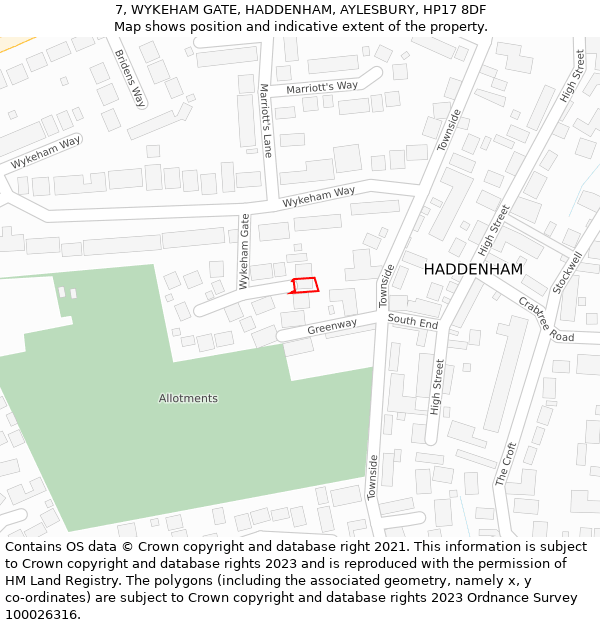 7, WYKEHAM GATE, HADDENHAM, AYLESBURY, HP17 8DF: Location map and indicative extent of plot