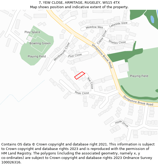7, YEW CLOSE, ARMITAGE, RUGELEY, WS15 4TX: Location map and indicative extent of plot