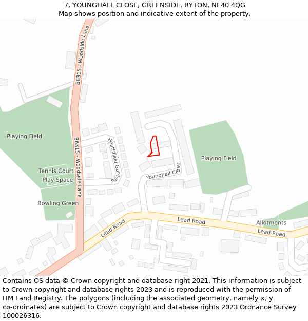 7, YOUNGHALL CLOSE, GREENSIDE, RYTON, NE40 4QG: Location map and indicative extent of plot