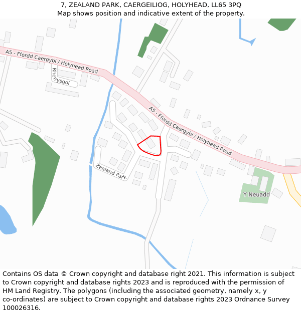 7, ZEALAND PARK, CAERGEILIOG, HOLYHEAD, LL65 3PQ: Location map and indicative extent of plot