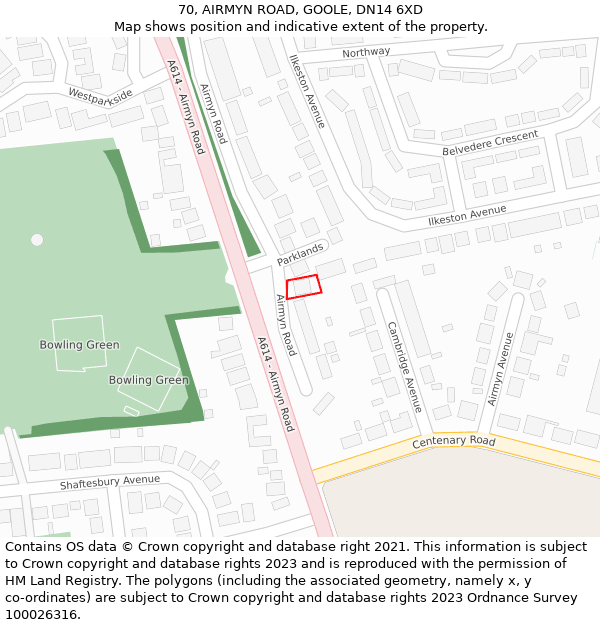 70, AIRMYN ROAD, GOOLE, DN14 6XD: Location map and indicative extent of plot