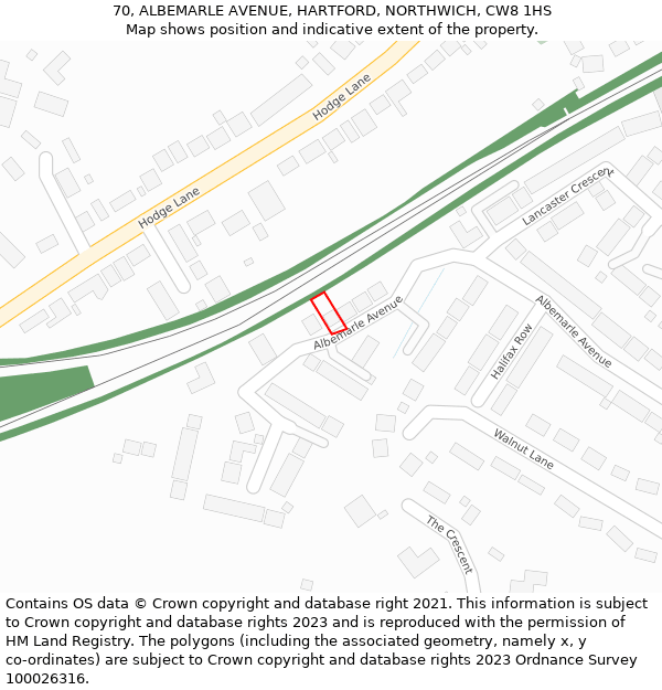 70, ALBEMARLE AVENUE, HARTFORD, NORTHWICH, CW8 1HS: Location map and indicative extent of plot